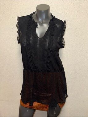 Sam & Max Black Ruffle V-Neck Sheer Sleeveless Blouse